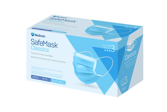 Mask Face Procedure Earloop SafeMask® Blue Classics™  ASTM, Level 3, (50/BX 10BX/CS) by Medicom, Inc.  ID 205315